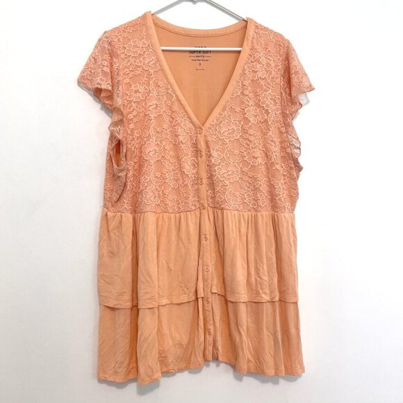 TORRID 3 Plus Size Super Soft V-Neck Lace Bodice Tiered Babydoll Top Peach Boho - Picture 2 of 16